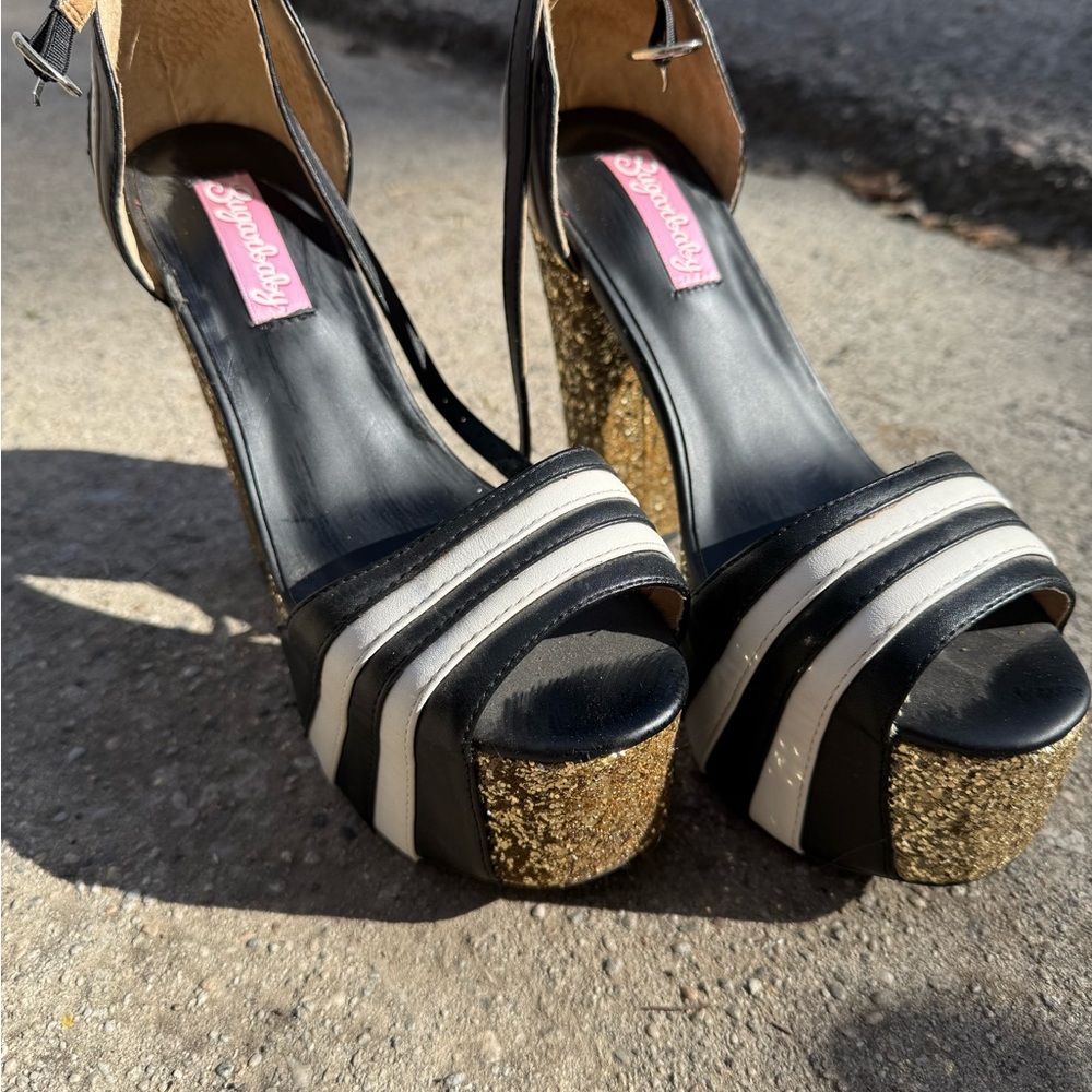 Black and White Platform Heels with Gold Glitter by Sugarbaby